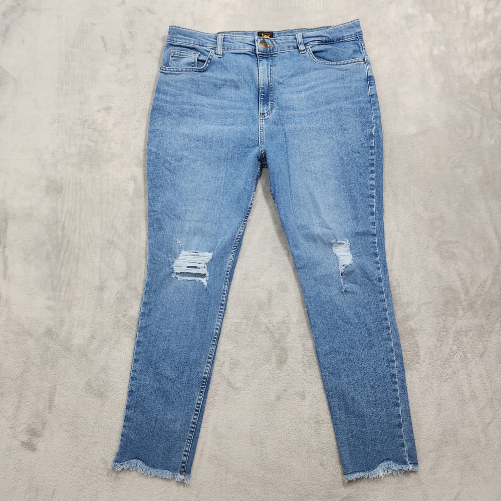 Lee Jeans Womens 18 Blue High Rise Skinny Crop Distressed Raw Hem Stretch Denim